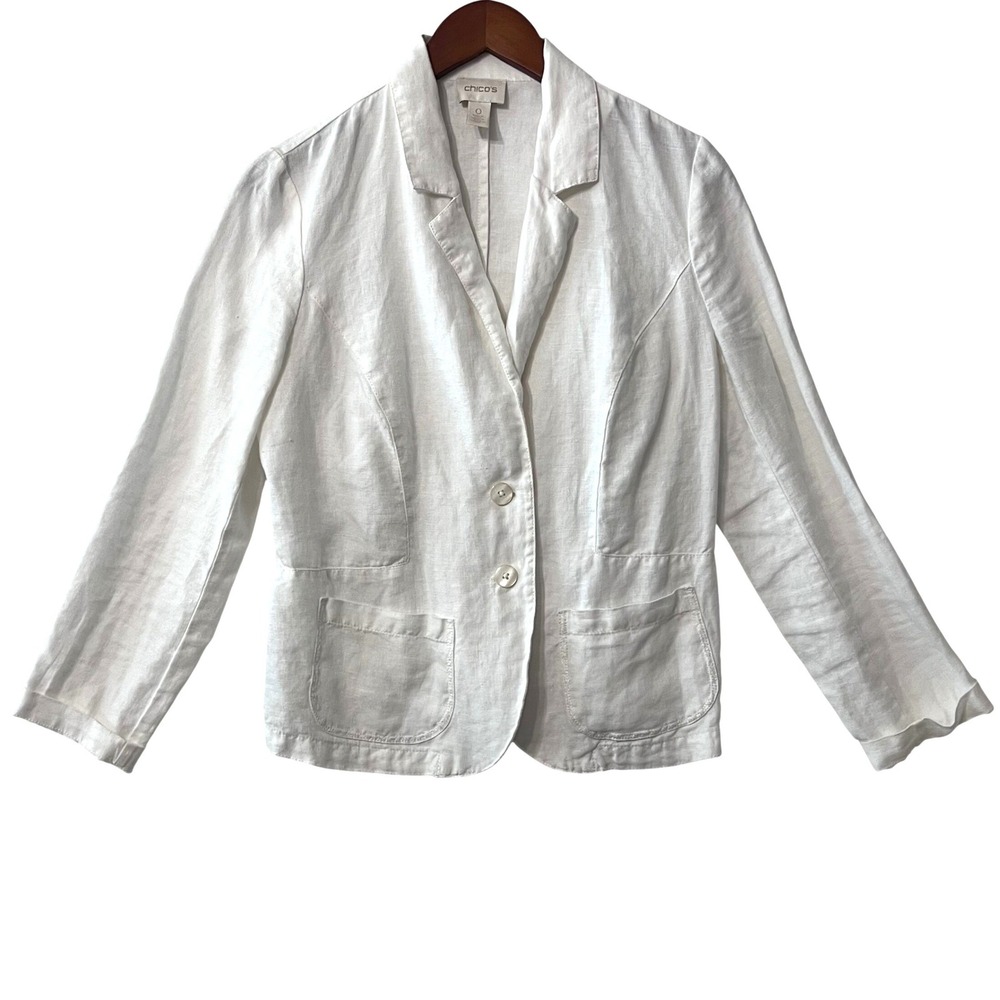 Chicos White Linen Blazer Tailored Elevated Hamptons Jacket Size 0 S Womens
